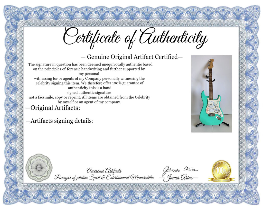 REO Speedwagon Bruce Hall, Dave Matto, Gary Richrath, Kevin Cronin, Neal Dought Fender Stratocaster Squier electric guitar signed with proof