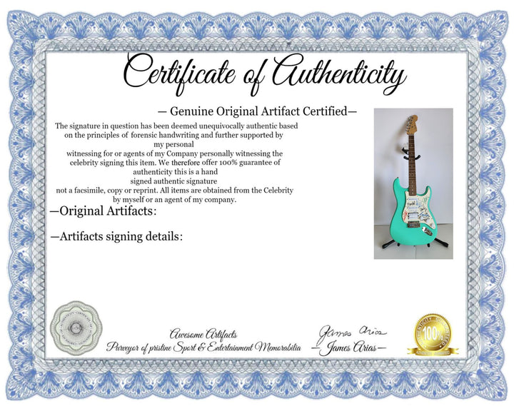 REO Speedwagon Bruce Hall, Dave Matto, Gary Richrath, Kevin Cronin, Neal Dought Fender Stratocaster Squier electric guitar signed with proof