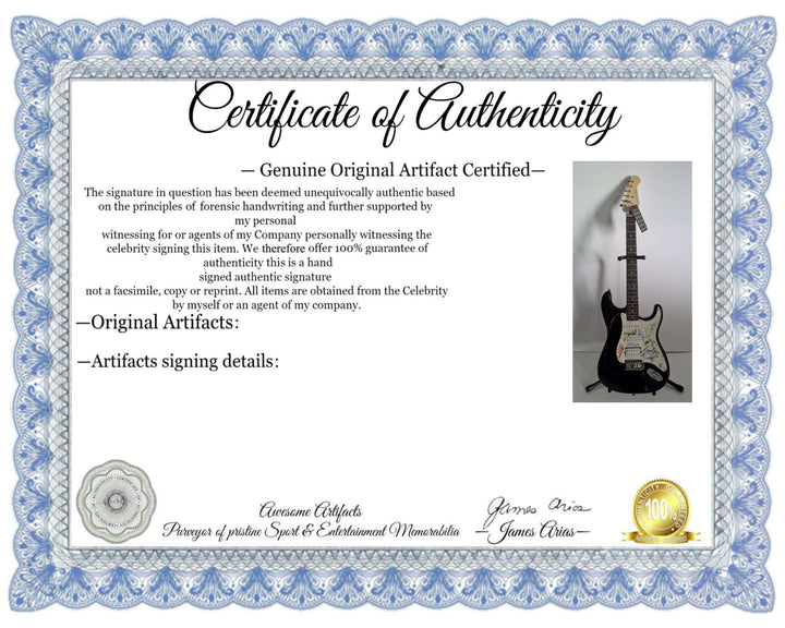 Bruce Hall, Dave Matto, Gary Richrath, Kevin Cronin, Neal Dought, REO Speedwago Fender Stratocaster Squier electric guitar signed with proof