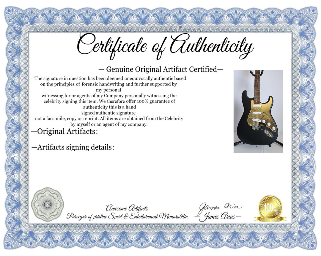 Eddie Vedder, Matt McCready, Matt Cameron, Stone Gossard, Jeff Amen, Pearl Jam Fender Stratocaster Squier electric guitar signed with proof