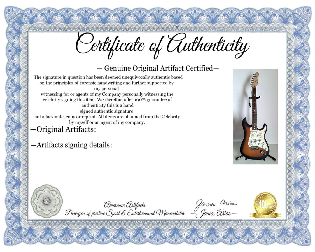 Pearl Jam, Eddie Vedder, Stone Gossard, Matt McCready, Matt Cameron, Jeff Amen, Fender Stratocaster Squier electric guitar signed with proof