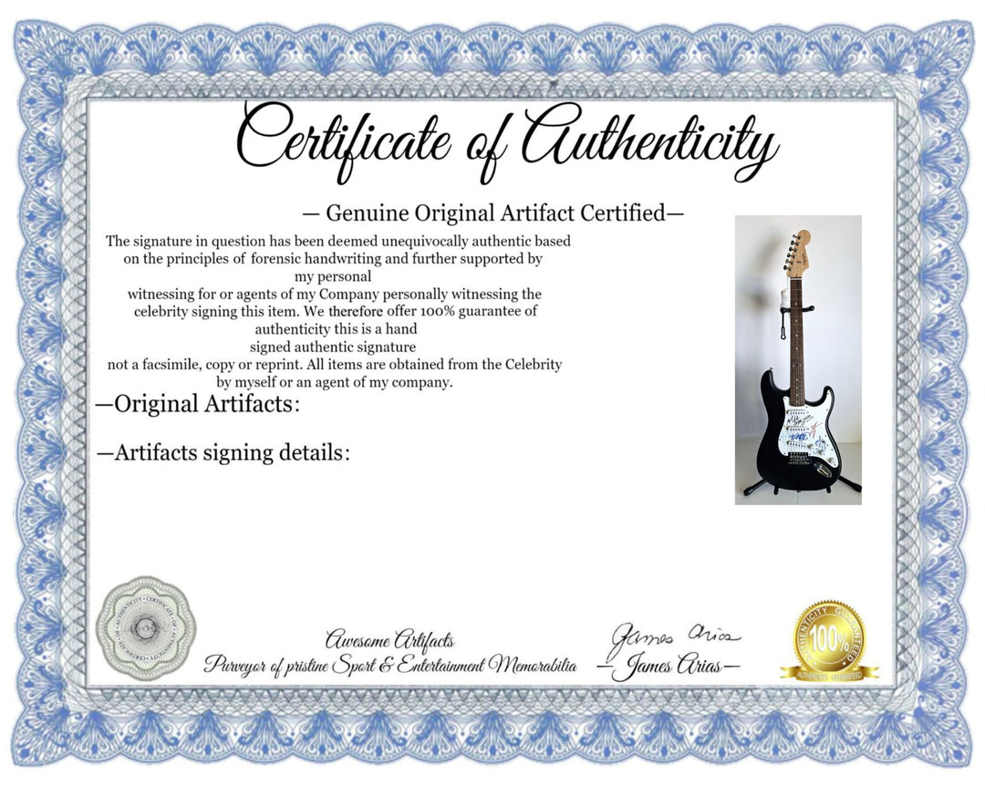 Motley Crue, Tommy Lee, Mick Mars, Nixxi Sixx, Vince Neal, Fender Stratocaster Squier electric guitar signed with proof