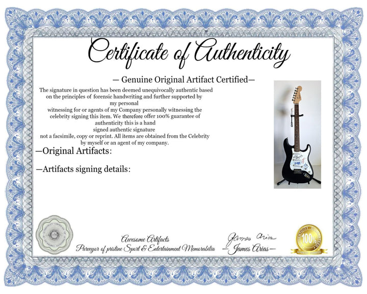 Motley Crue, Tommy Lee, Mick Mars, Nixxi Sixx, Vince Neal, Fender Stratocaster Squier electric guitar signed with proof