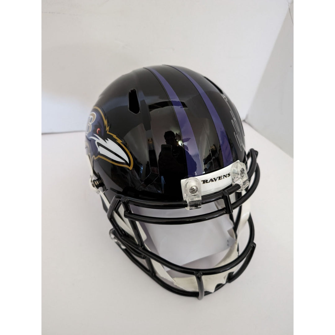 Baltimore Ravens Lamar Jackson Odell Beckham, Mark Andrews, Justin Tucker, Gus Edwards full size helmet signed with proof