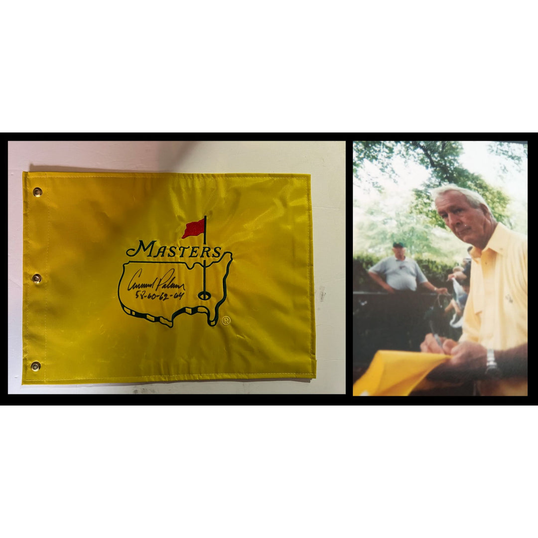 Arnold Palmer embroidered Masters Golf flag signed and inscribed with proof