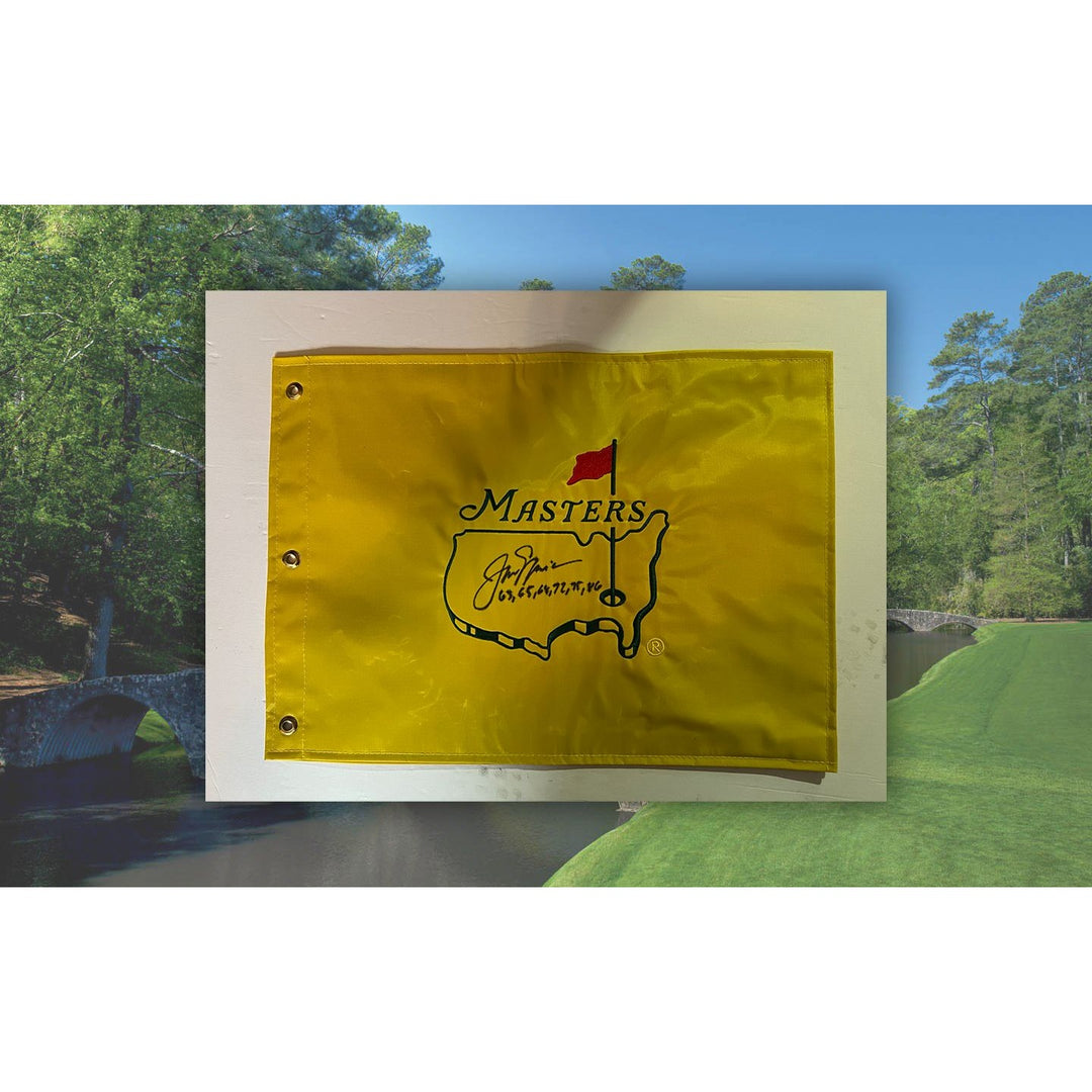 Jack Nicklaus Masters embroidered golf flag signed and inscribed with proof