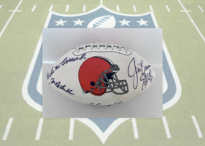 Cleveland Browns full size football Jim Brown, Ozzie Newsome, Paul Warfield, Bernie Kosar, Mike McCormick, Clay Matthews signed