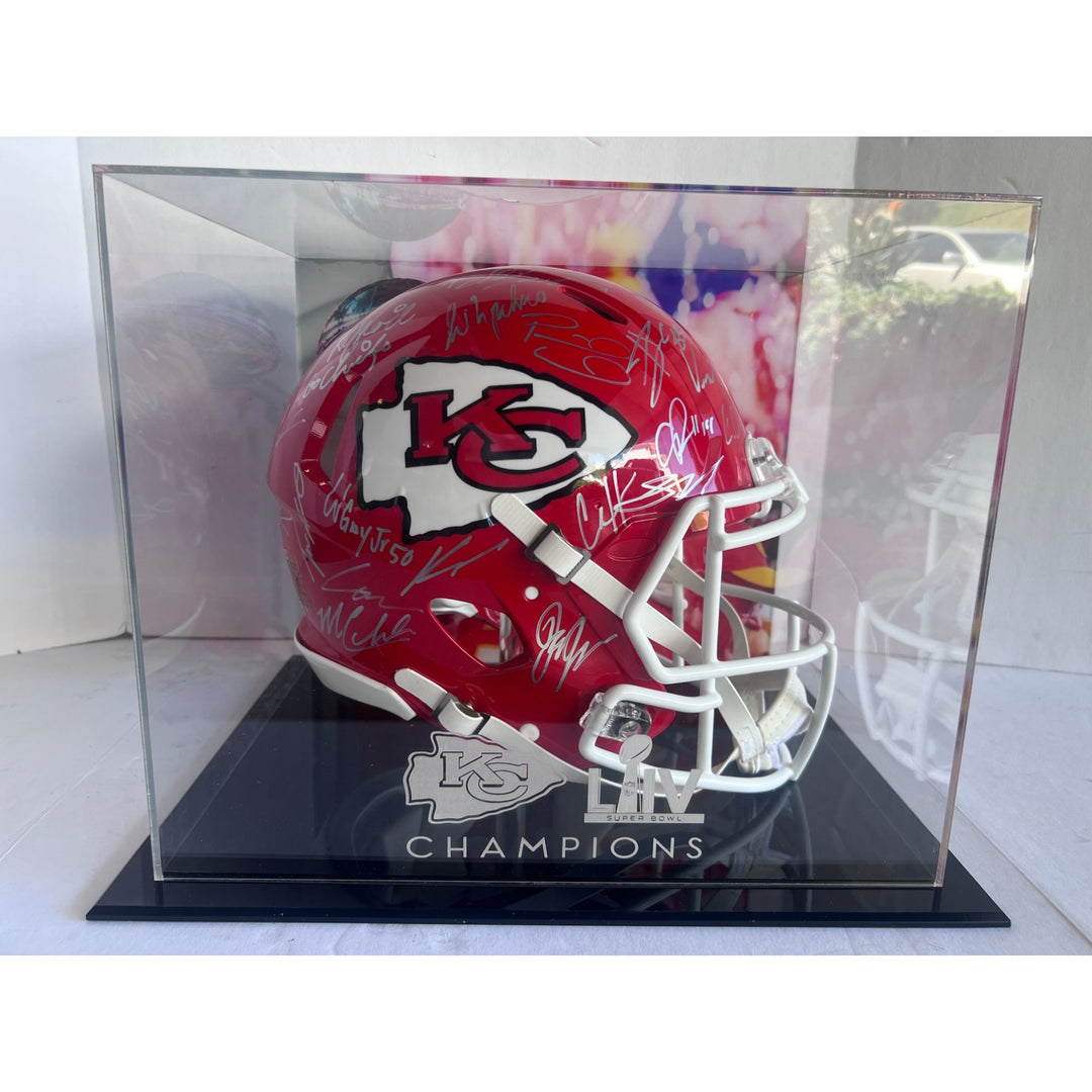 Kansas City Super Bowl champions Patrick Mahomes Andy Reid Travis Kelce 2022 23 team signed helmet with proofand 15x13 acrylic display case