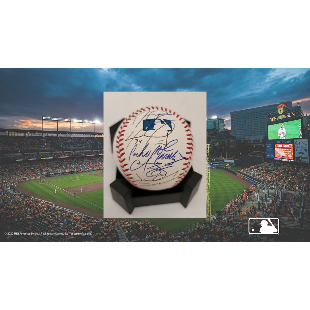 Dustin Pedroia David Ortiz Pedro Martinez Curt Schilling Johnny Damon Rawlings official MLB baseball signed with proof free acrylic case