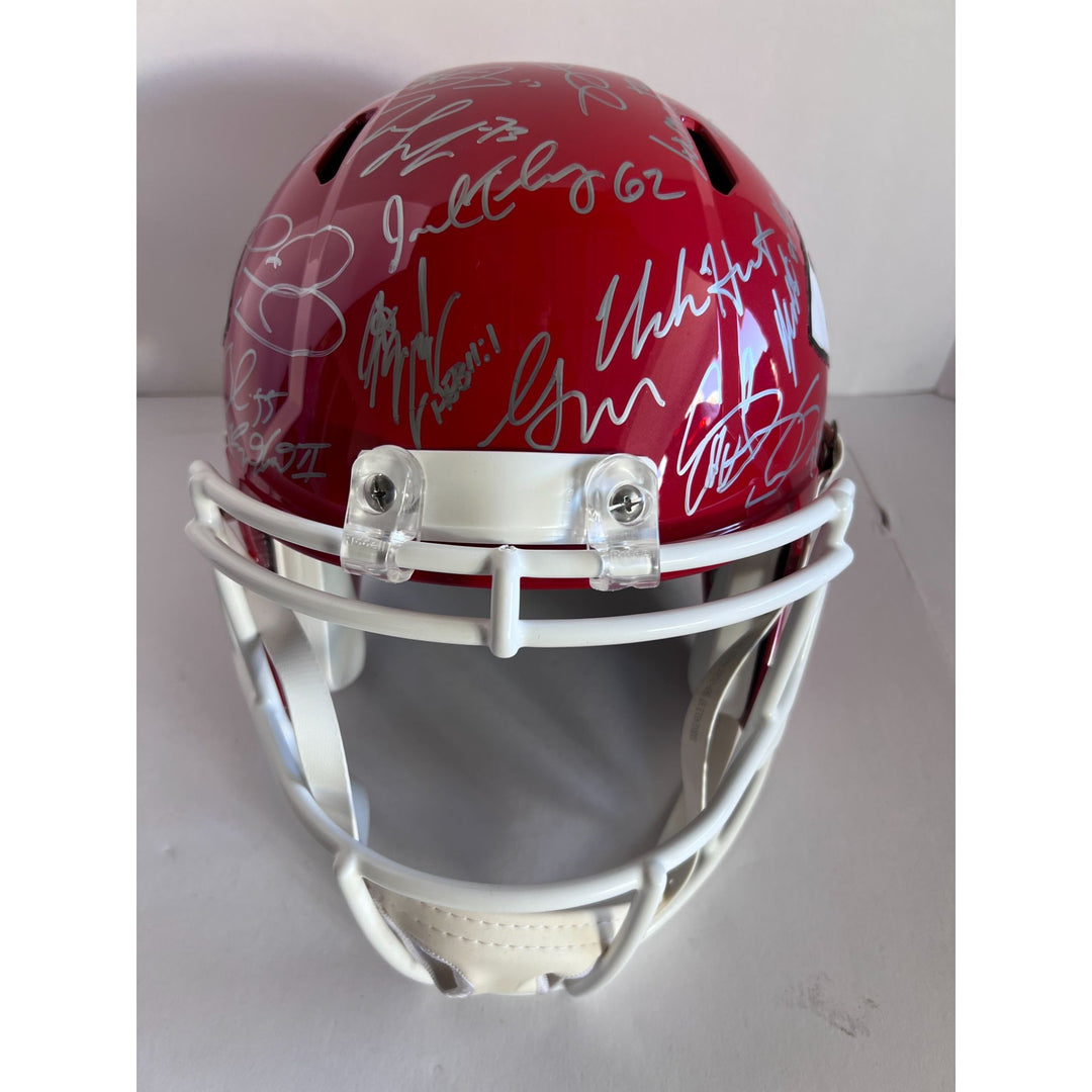 Patrick Mahomes Andy Reid 2022 Kansas City Chiefs AFC champions Riddell speed replica full size helmet team signed with proof and free case