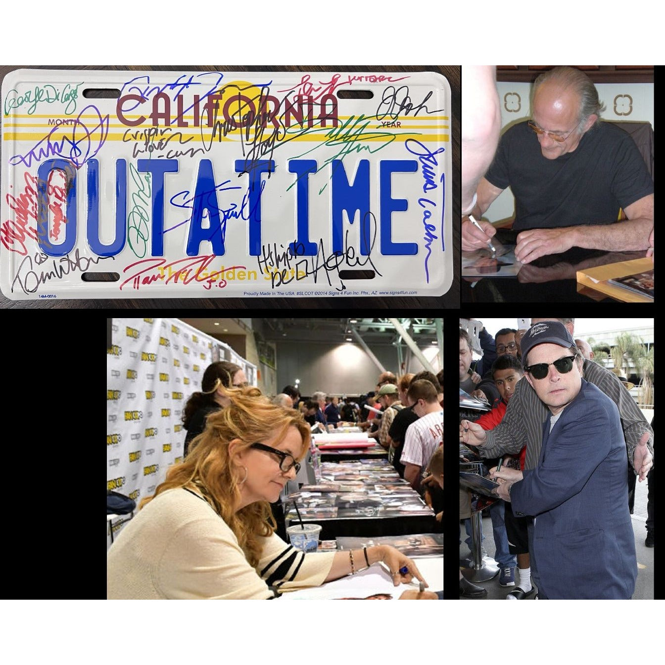 Back To The Future original license plate cast signed :Michael J Fox, Christopher Lloyd, Lea Thompson, Crispin Glover, Thomas F Wilson, Bil