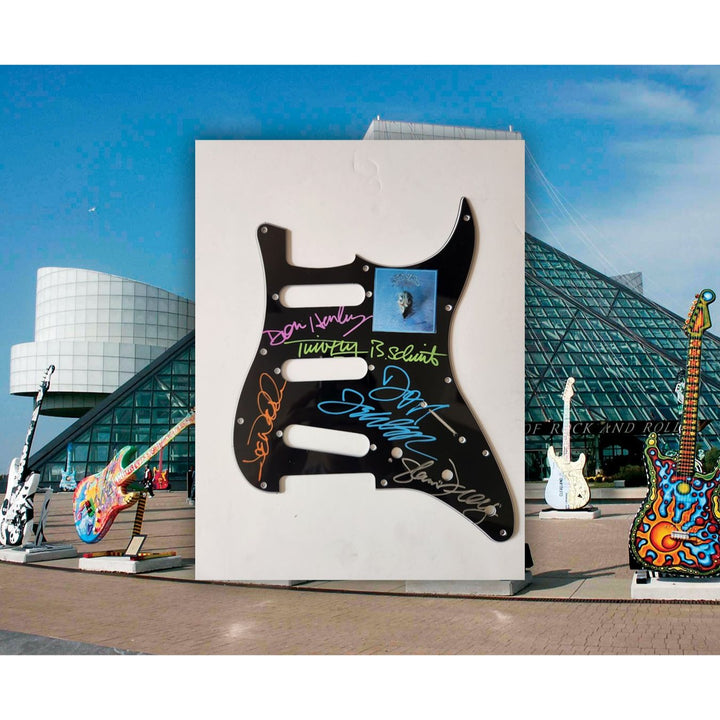 Don Henley Joe Walsh Glenn Frey Don Fielder Timothy B Schmidt Fender Stratocaster electric pickguard signed with proof