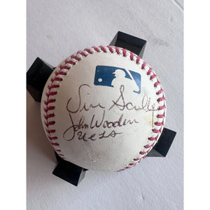 John Wooden "The Wizard of Westwood" Vin Scully Los Angeles Dodgers Hall of Fame broadcaster signed Rawlings MLB baseball signed with proof