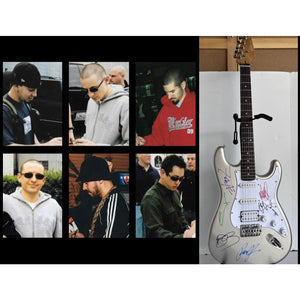 Chester Bennington, Mike Shinoda, Brad Delson, Dave Farrell, Joe Hahn, Rob Bourdon, Linkin Park Stratocaster guitar signed with proof