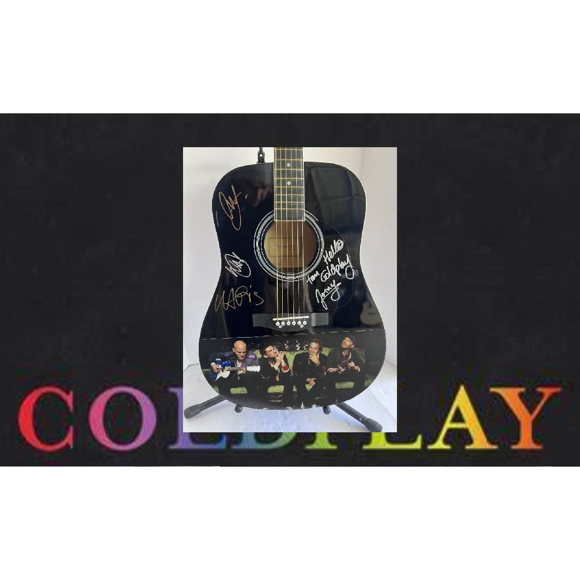 Coldplay Jonny Buckland Chris Martin Will Champion Guy Berryman  signed full size acoustic guitar with proof