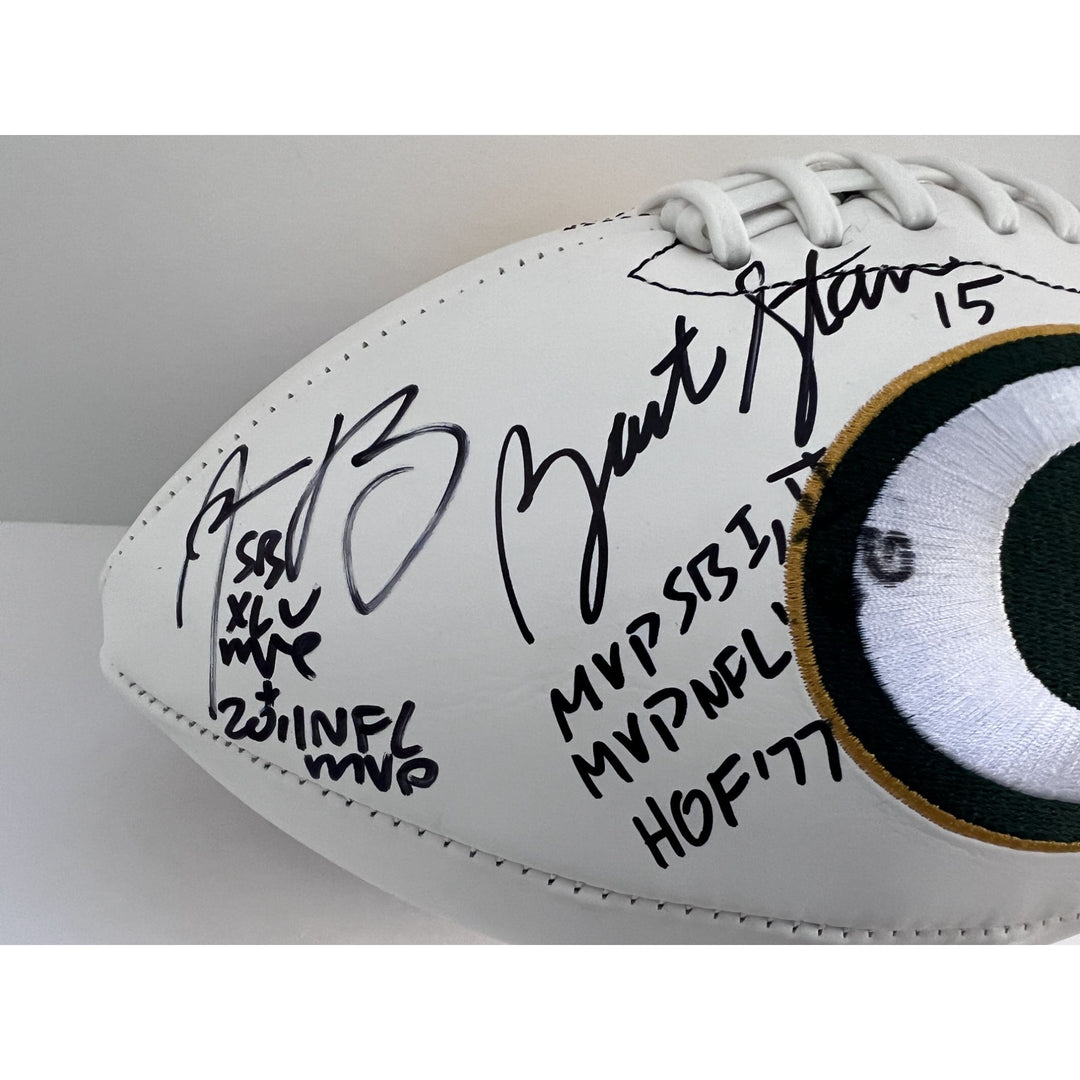 Bart Starr Aaron Rodgers Brett Favre Green Bay Packers full size football signed with proof