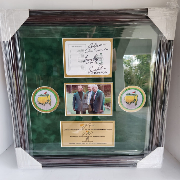 Jack Nicklaus Arnold Palmer Gary Player Masters Golf scorecard signed and framed 23.5x22.5 with proof