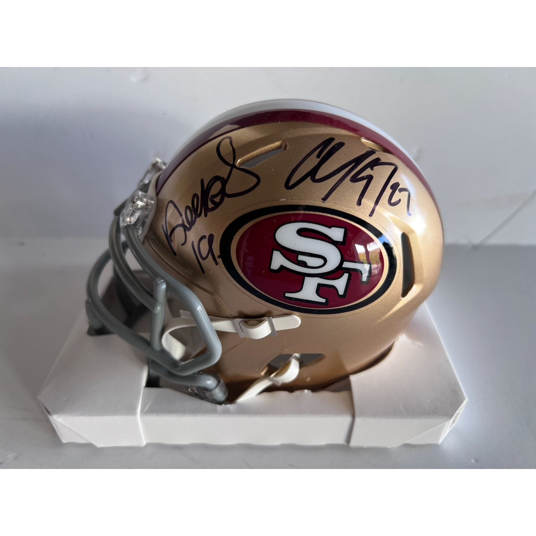 San Francisco 49ers Deebo Samuel, Christian McCaffrey,, signed mini helmet with proof with free case