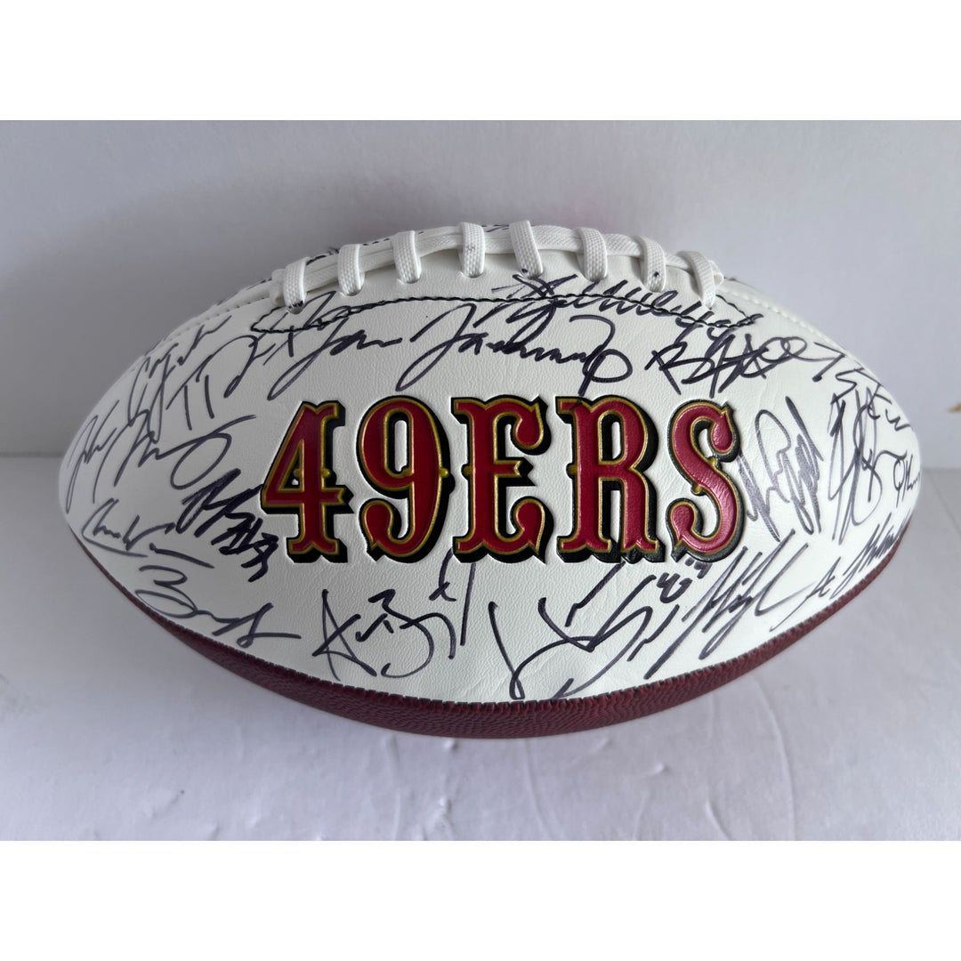 San Francisco 49ers 2023 24 Deebo Samuel, Brock Purdy Christian McCaffrey  full size team signed football with proof