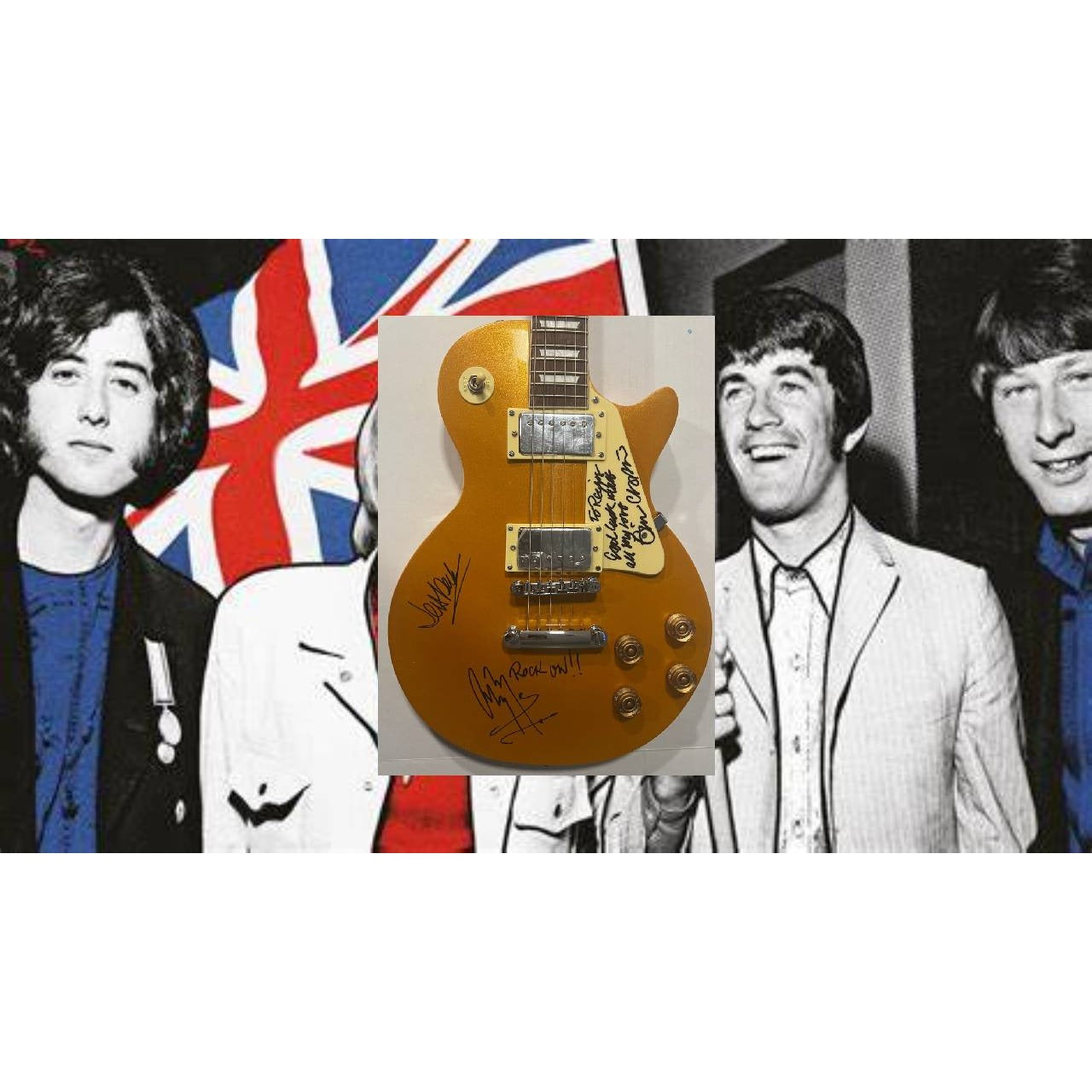 The  Yardbirds Jimmy Page Eric Clapton & Jeff Beck Gold Les Paul Electric Guitar signed with proof