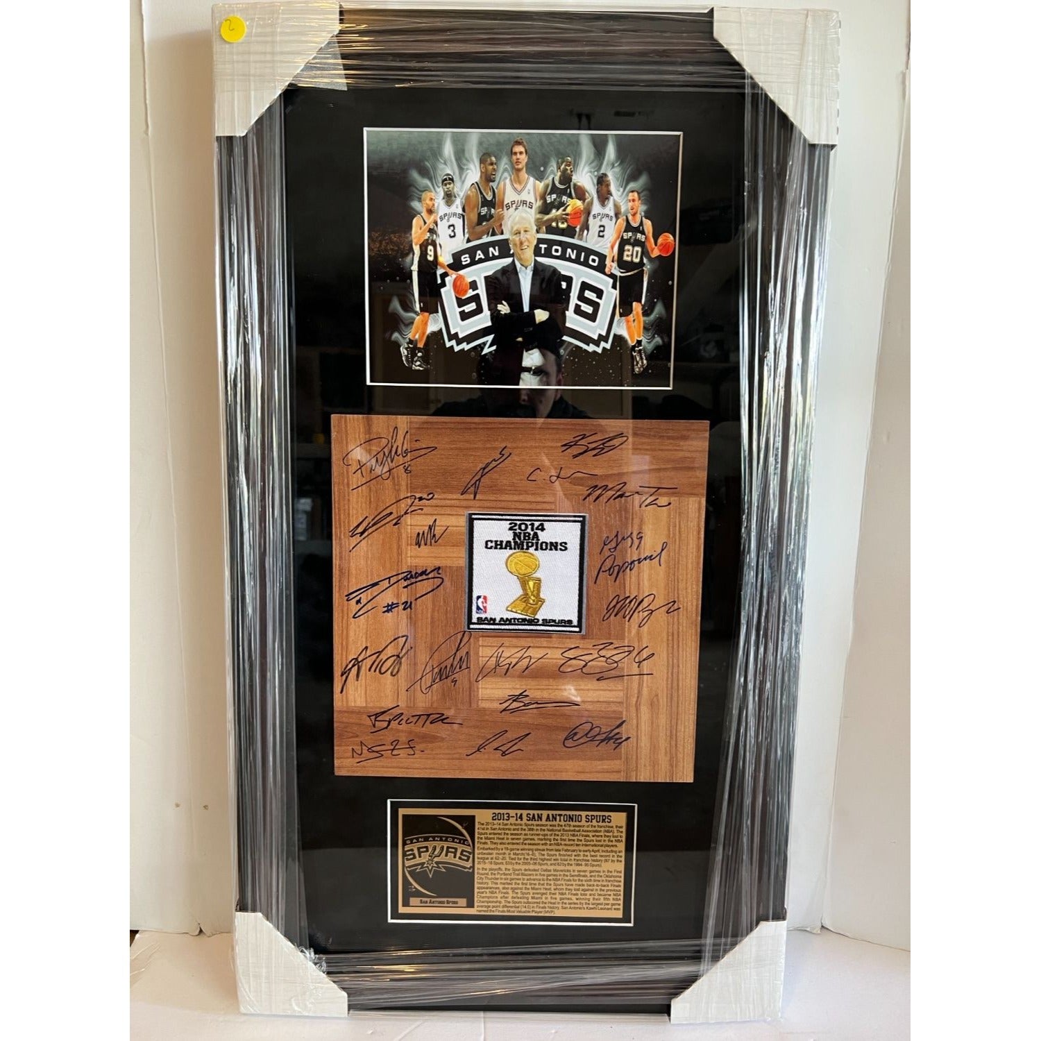 San Antonio Spurs Tim Duncan Gregg Popovich Tony Parker Kawhi Leonard 2014 NBA champions parquet wood floorboard signed and framed