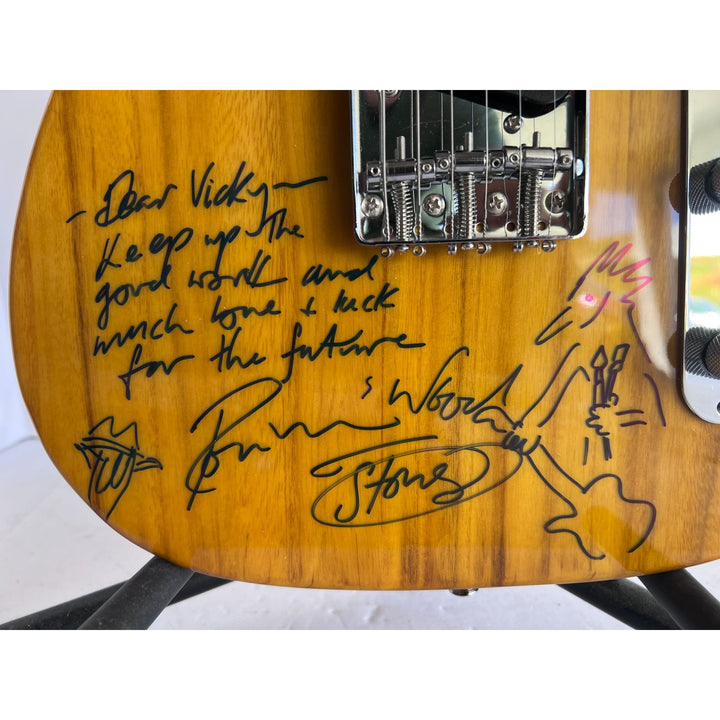 Bob Dylan Keith Richards Ronnie Wood of The Rolling Stones full size Telecaster electric guitar signed with inscription and sketch and proof