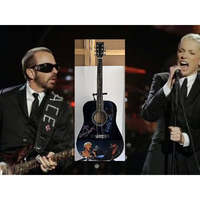 Eurythmics Annie Lennox and David A. Stewart One of A kind 39' inch full size acoustic guitar signed with proof