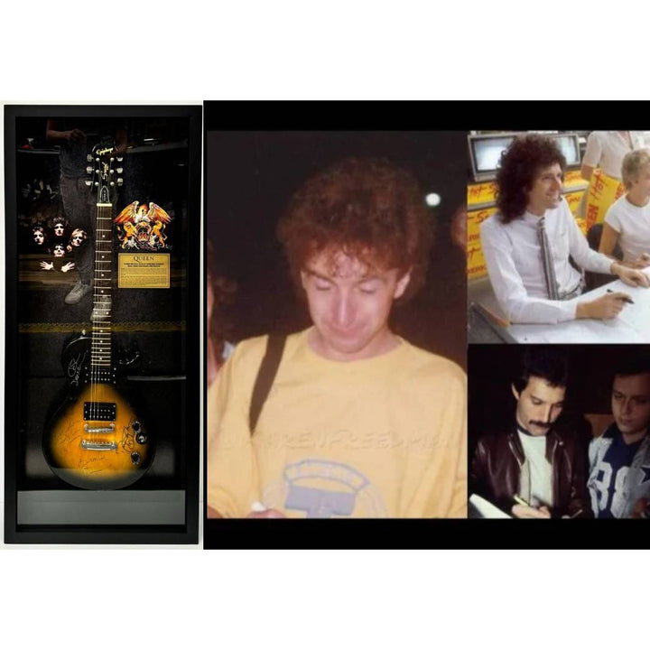 Freddie Mercury Brian May Roger Taylor John Deacon Queen guitar signed with proof and Museum quality frame