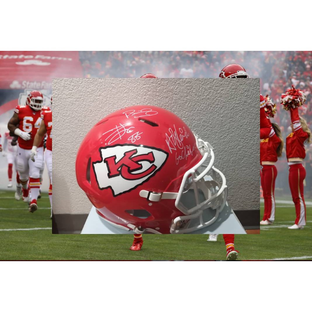 Kansas City Chiefs Patrick Mahomes Andy Reid Travis Kelce Riddell speed authentic game model helmet signed with proof