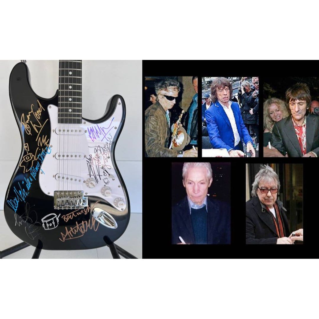 The Rolling Stones Mick Jagger Bill Wyman Mick Taylor Ronnie Wood Keith Richards electric guitar signed and inscribed with proof.