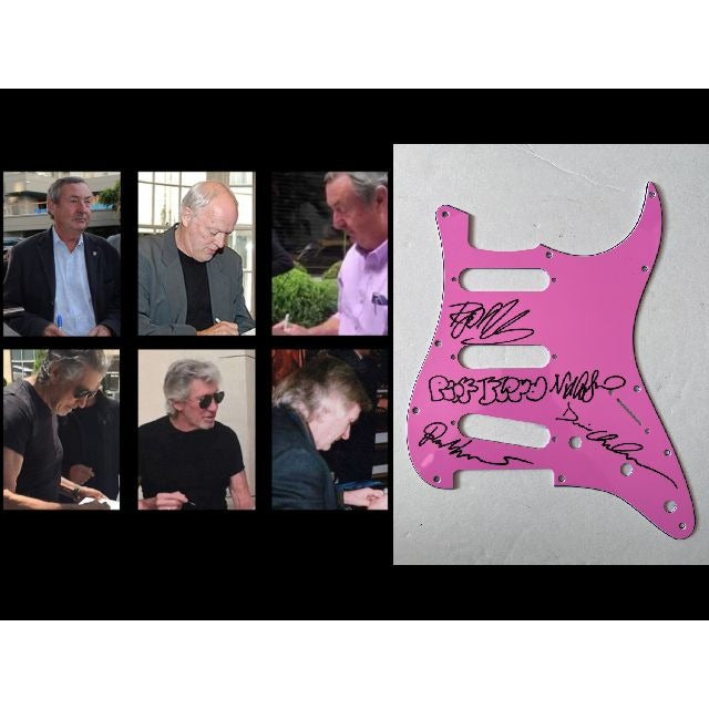 pink floyd David Gilmour, Roger Waters, Nick Mason and Richard Wright Stratocaster electric pickguard signed with proof