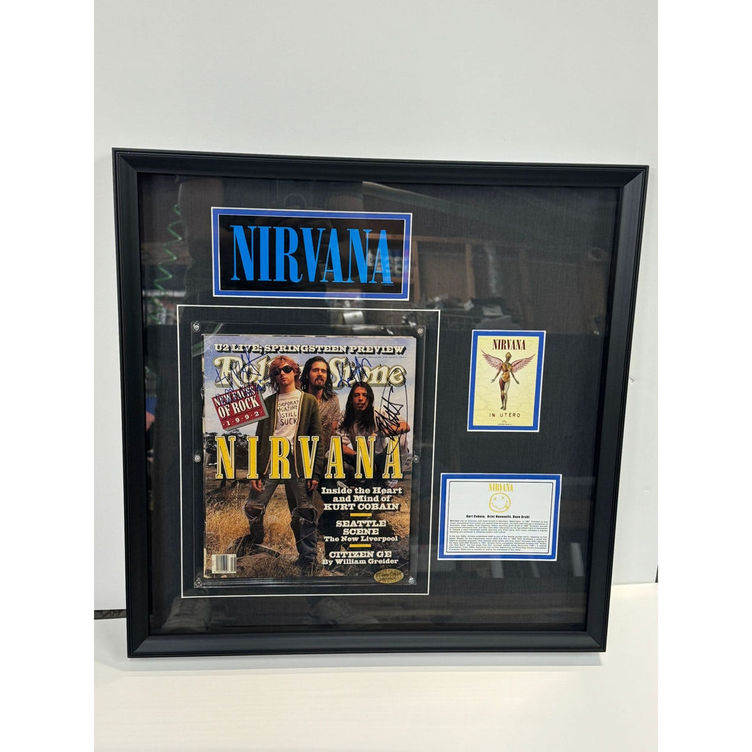 Nirvana Kurt Cobain David Grohl full Rolling Stones Magazine signed and framed 24x24"