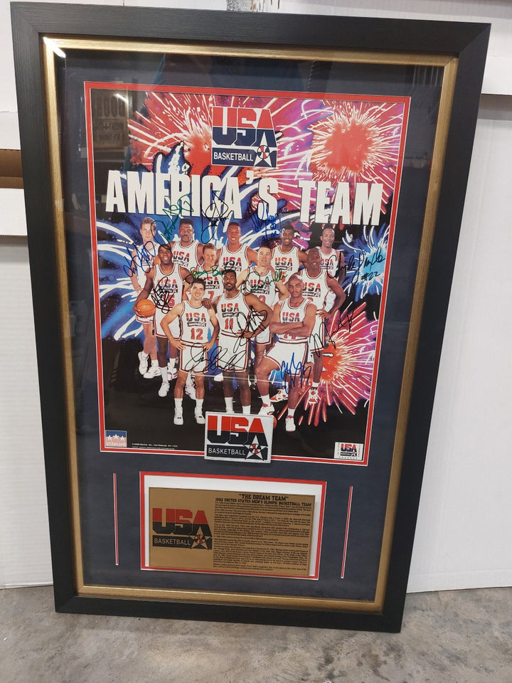 1992 Team USA "The Dream Team" Magic Johnson, Michael Jordan, Larry Bird all 12 poster signed and framed 24x36 with proof