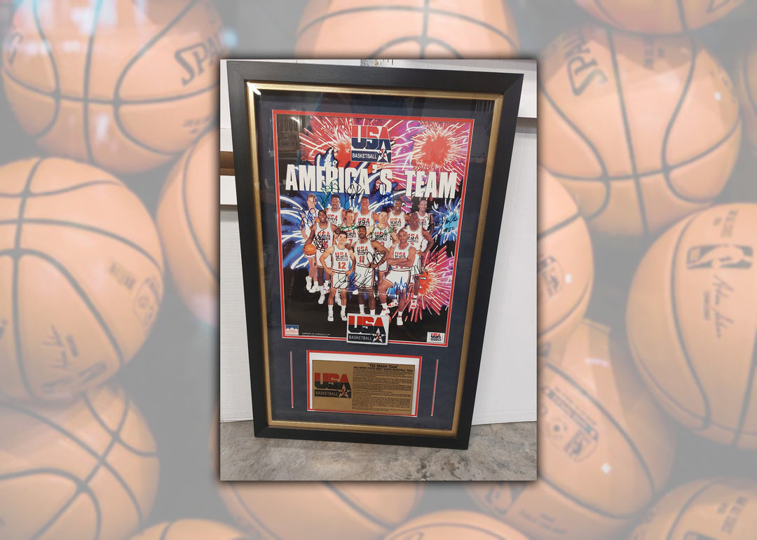 1992 Team USA "The Dream Team" Magic Johnson, Michael Jordan, Larry Bird all 12 poster signed and framed 24x36 with proof