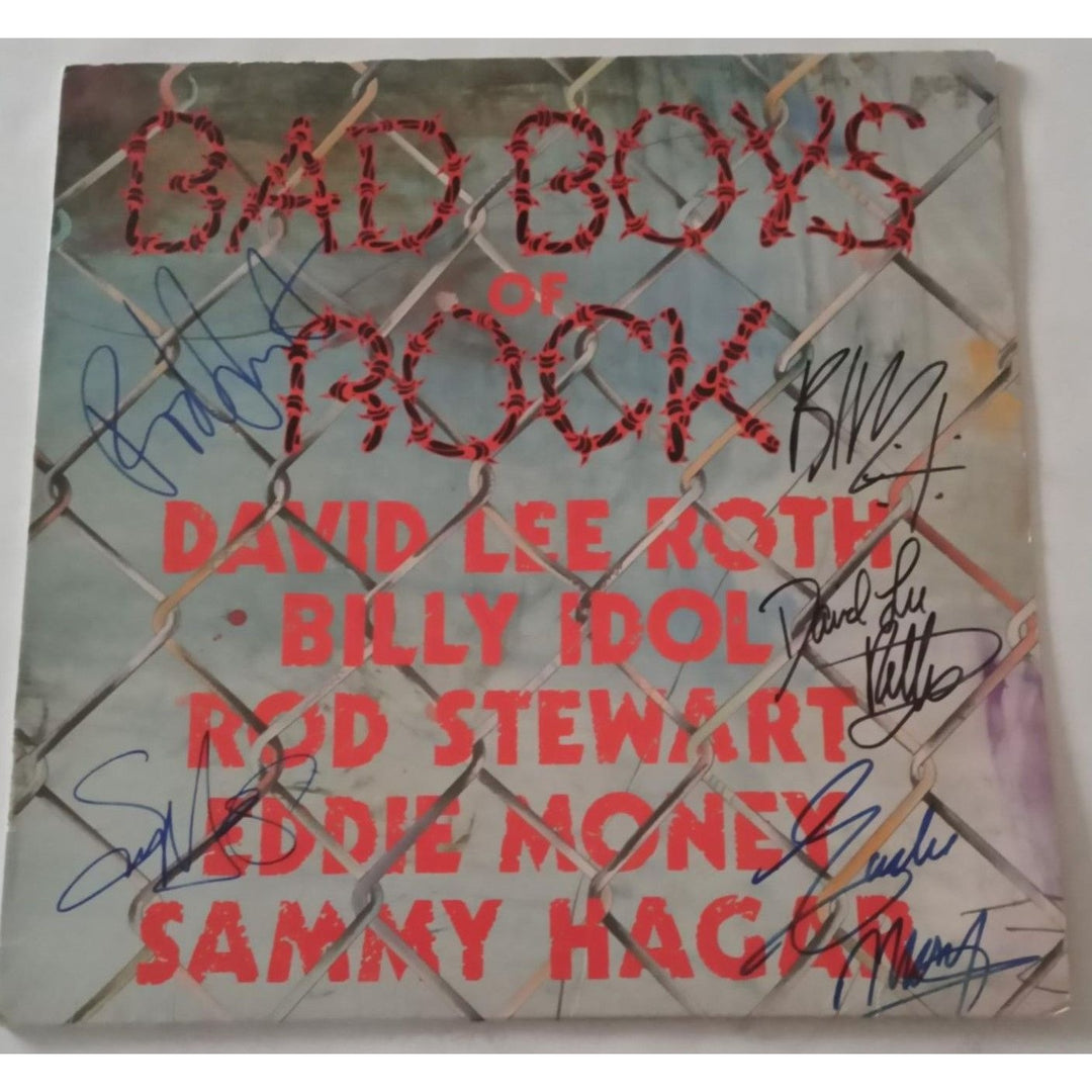 Rod Stewart, Billy Idol, David Lee Roth, Eddie Money, Sammy Hagar LP cover signed with proof