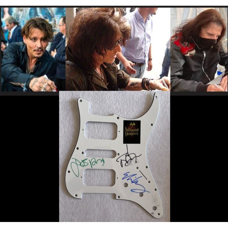 Hollywood vampires Johnny Depp Joe Perry Alice Cooper electric guitar pickguard signed with proof