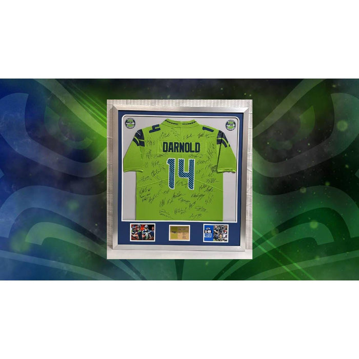 Sam Darnold Seattle Seahawks green size xl 2025 team signed jersey 40 plus signatures and a museum quality frame 35x45 plexi with proof