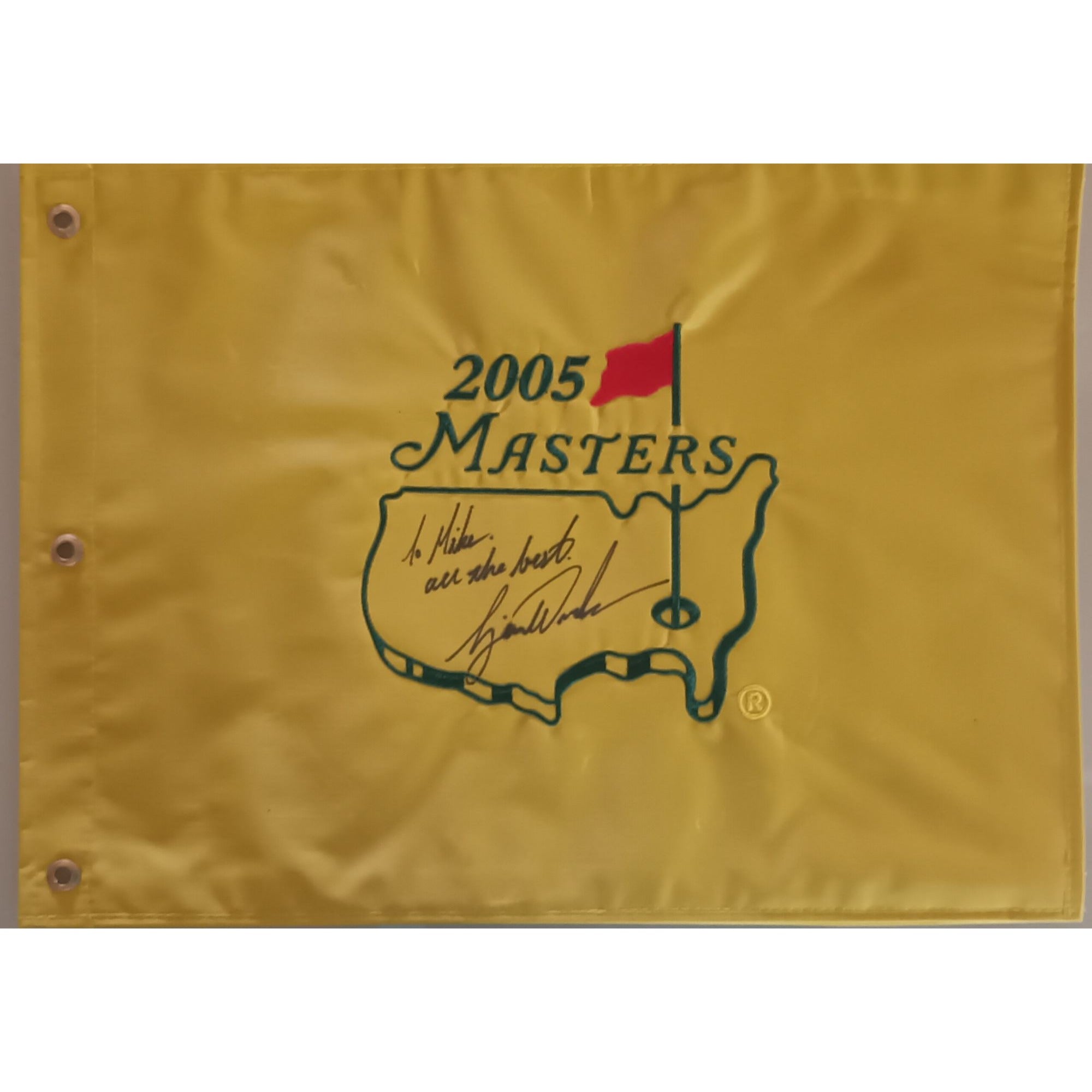 Tiger Woods "To Mike all the best" 2005 Masters Golf pin flag signed with proof