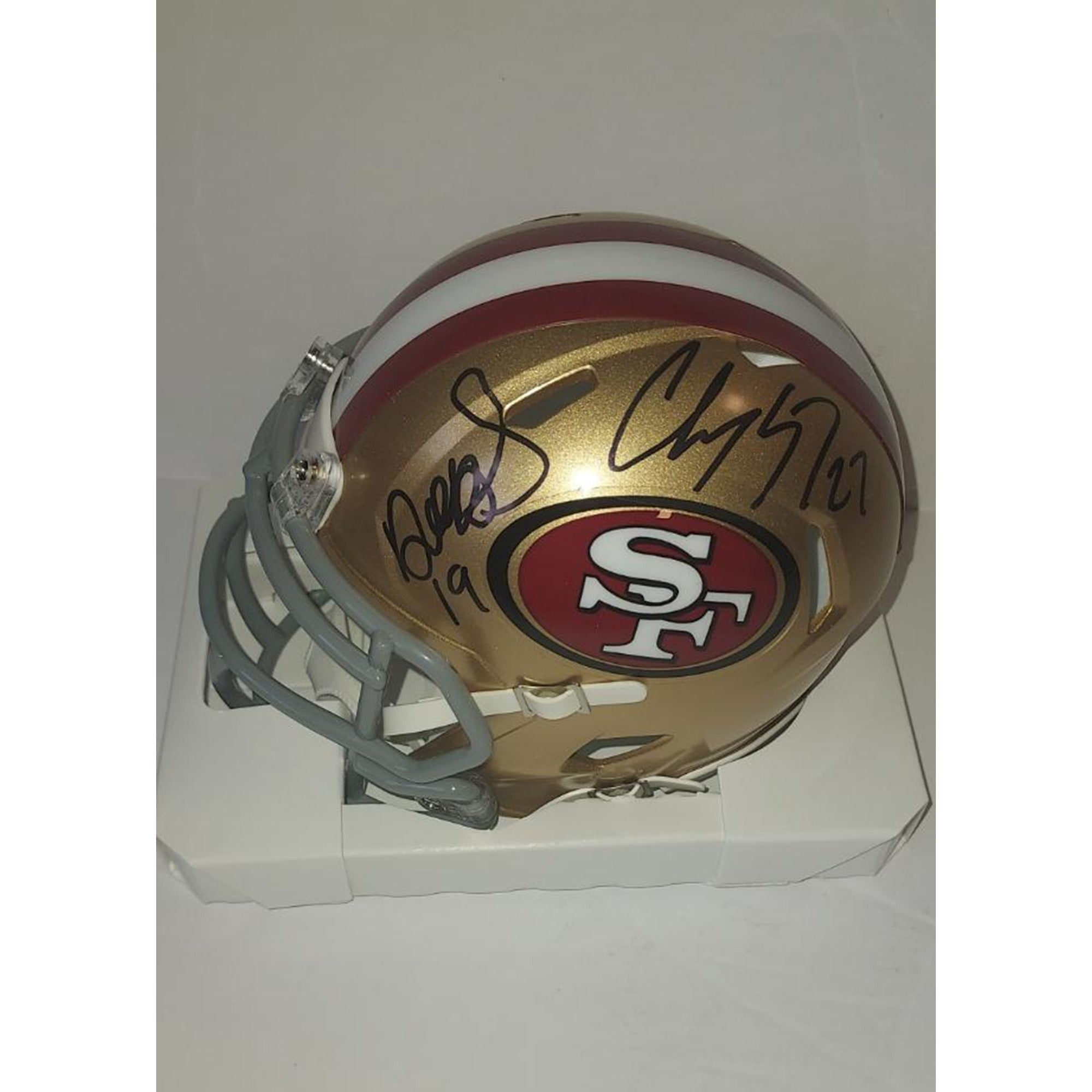 San Francisco 49ers Deebo Samuel, Christian McCaffrey,, signed mini helmet with proof with free case