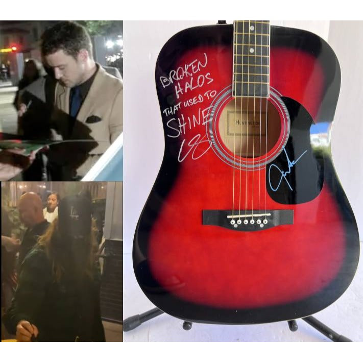 Chris Stapleton signed and inscribed broken Halos that used to shine with Justin Timberlake full size acoustic guitar signed with proof