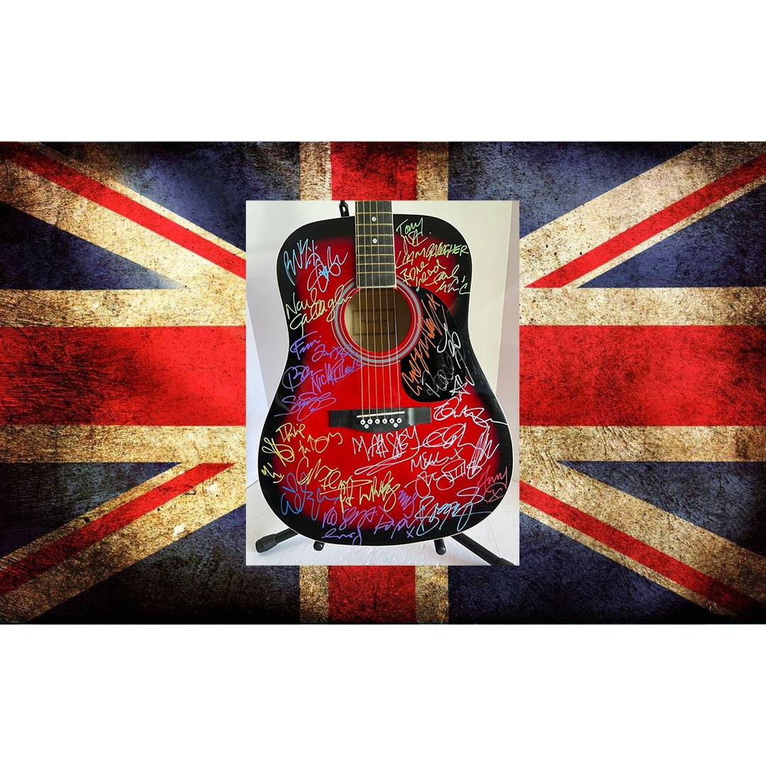 British Iconic Rock stars acoustic guitar signed Adele, Morrissey, George Michael, Robert Smith Robbie Williams signed with proof