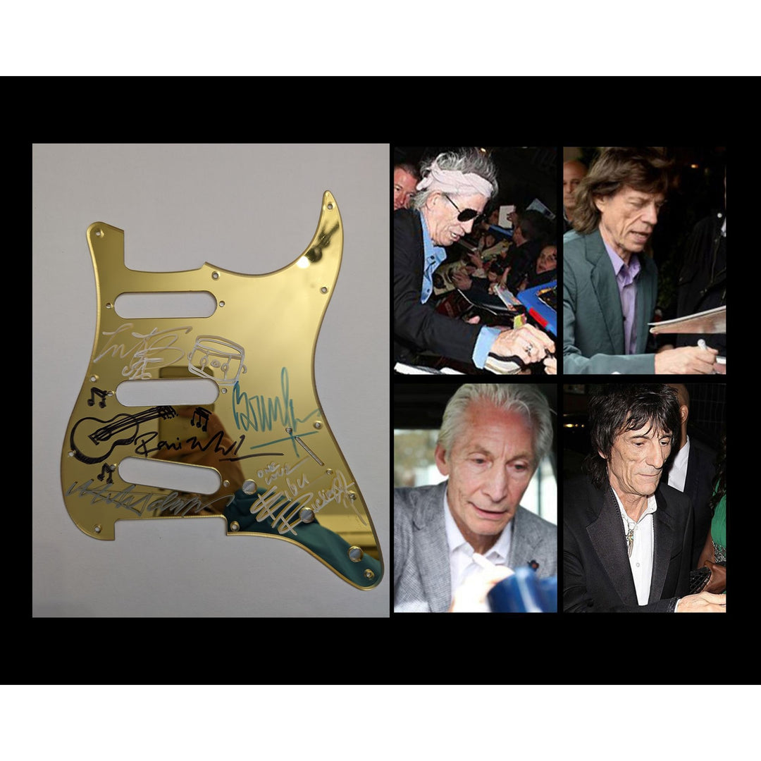 Bill Wyman Keith Richards Mick Jagger Charlie Watts Ronnie Wood Fender Stratocaster electric guitar pickguard signed with proof