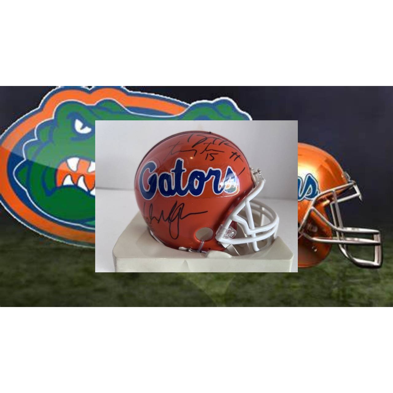 Florida Gators Tim Tebow Percy Harvin Urban Meyer Riddell mini helmet signed with proof