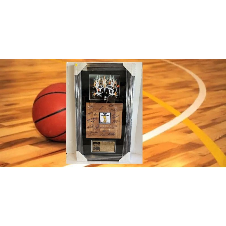 San Antonio Spurs Tim Duncan Gregg Popovich Tony Parker Kawhi Leonard 2014 NBA champions parquet wood floorboard signed and framed