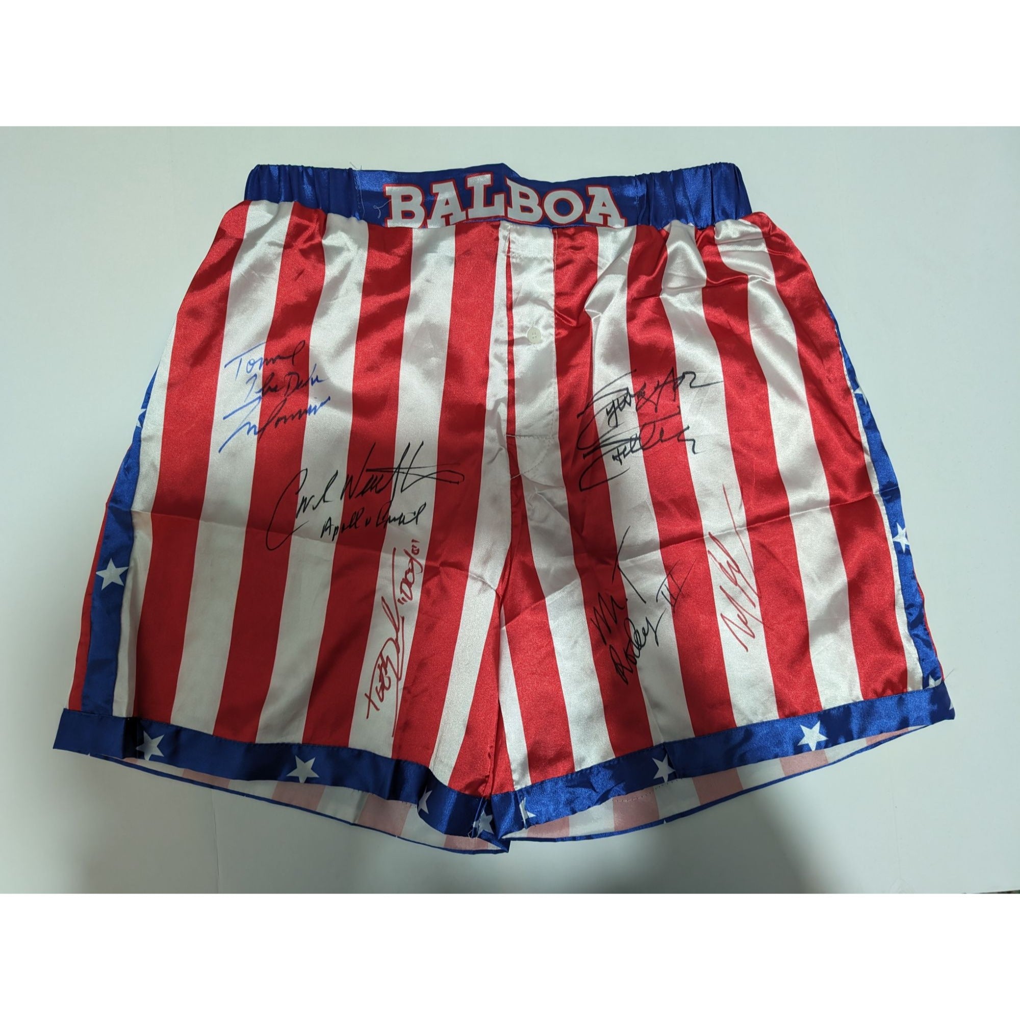 Sylvester Stallone Dolph Lundgren Carl Weathers Mr T Tommy Morrison and Michael B Jordan boxing shorts signed with proof