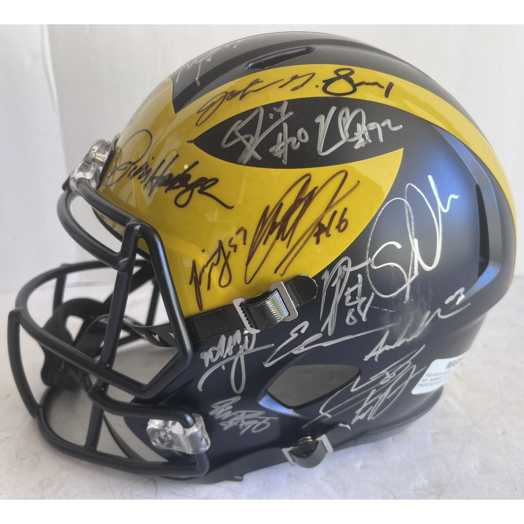 University of Michigan Jim Harbaugh ,J.J. McCarthy, Blake Corum, 2023-24 National Campions NCAA Football division 1 Riddel Replica full size