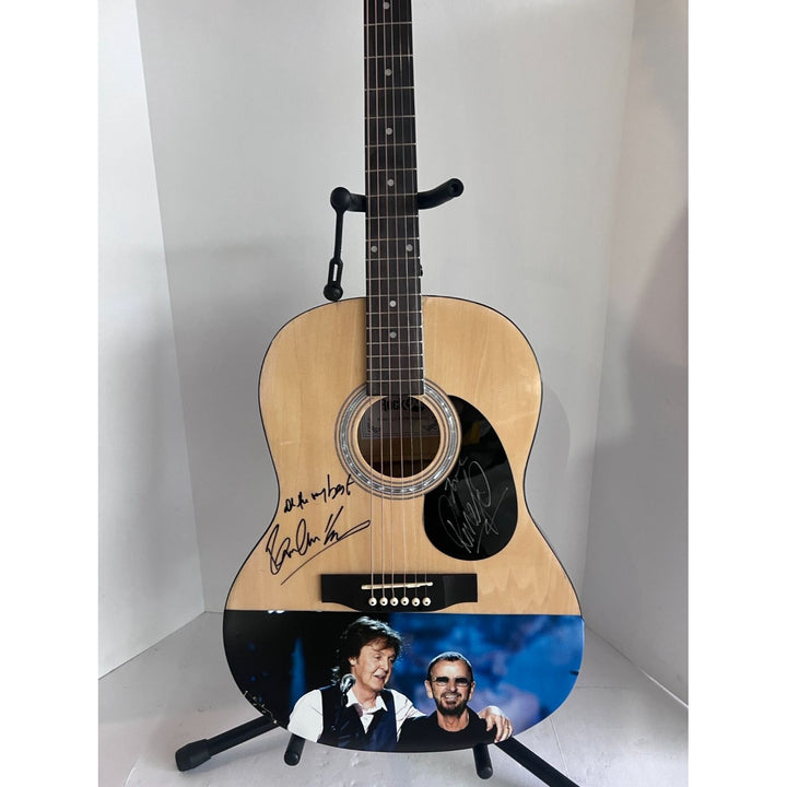 Paul McCartney & Ringo Starr of the Beatles acoustic guitar signed with proof