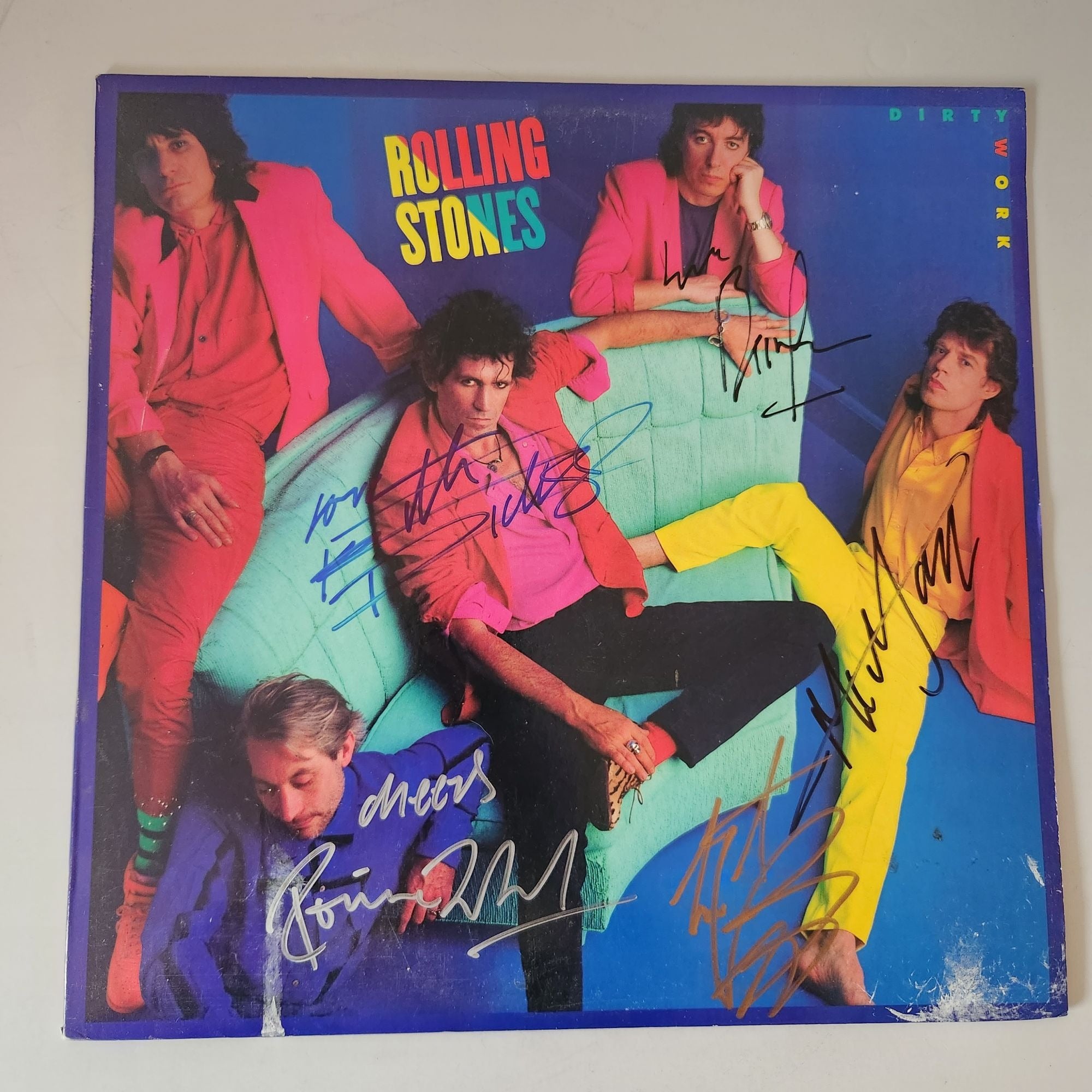 The Rolling Stones Dirty Work LP Bill Wyman Mick Jagger Keith Richards Ronnie Wood Charlie Watts signed with proof