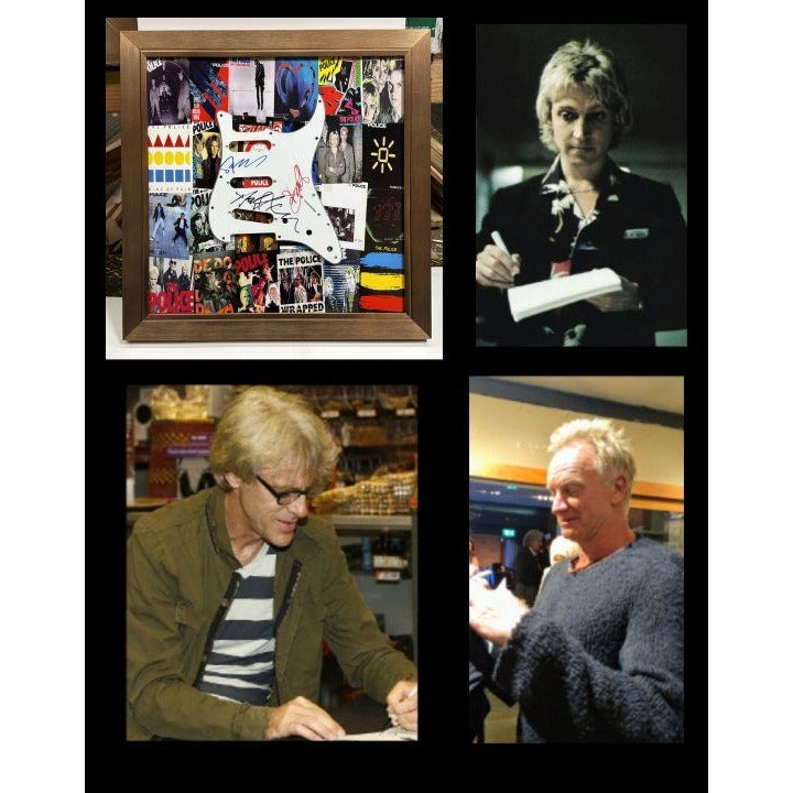 The Police "Sting" Gordon Sumner,  Andy Summer, Stewart Copeland Stratocaster electric guitar pickguard signed with proof and museum quality