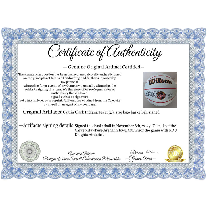 Caitlin Clark Indiana Fever 3/4 size logo basketball signed with proof